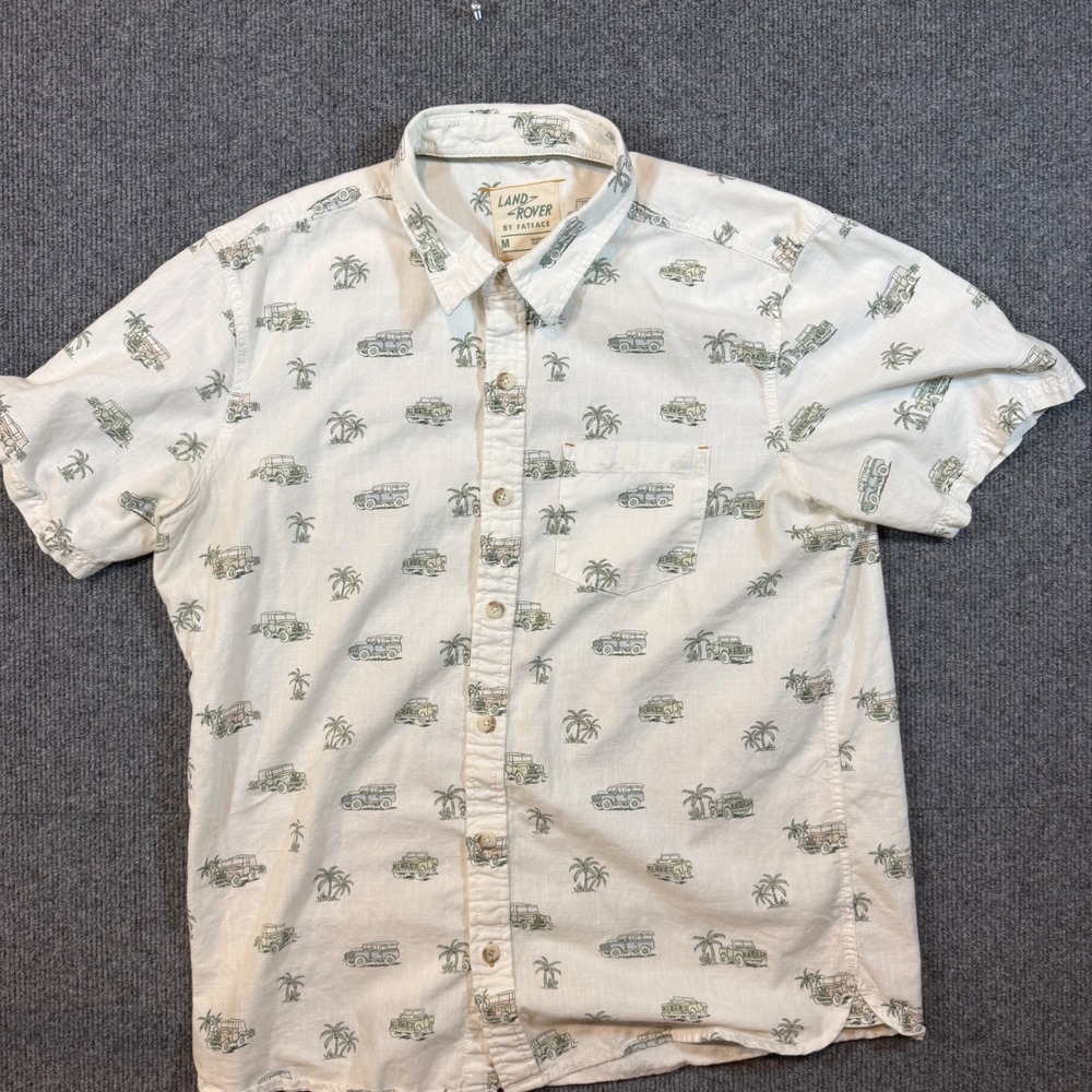 FatFace Land Rover Mens Medium Ecru Cotton Short Sleeve Button Up Shirt Off Road